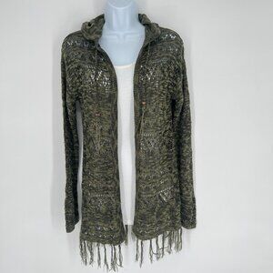 Vintage Y2K Boho Fairy Grunge Open Cardigan Sweater Womens M Green Crochet Hood